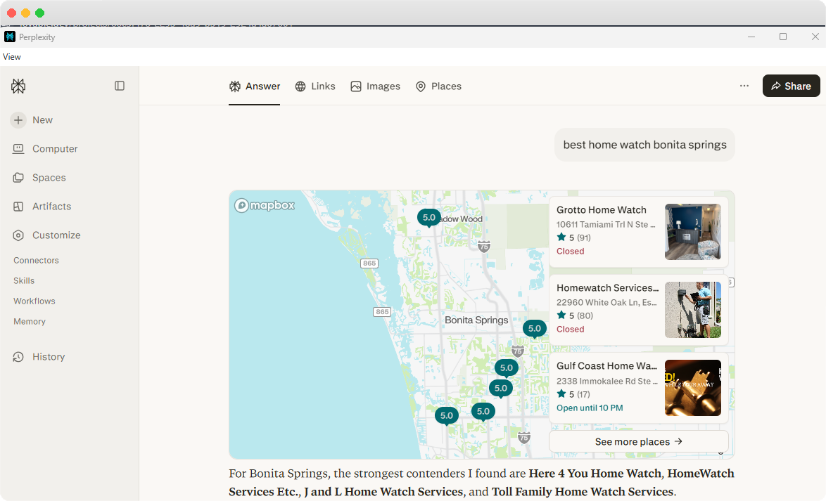 Perplexity AI answer citing top Home Watch businesses for a local search query