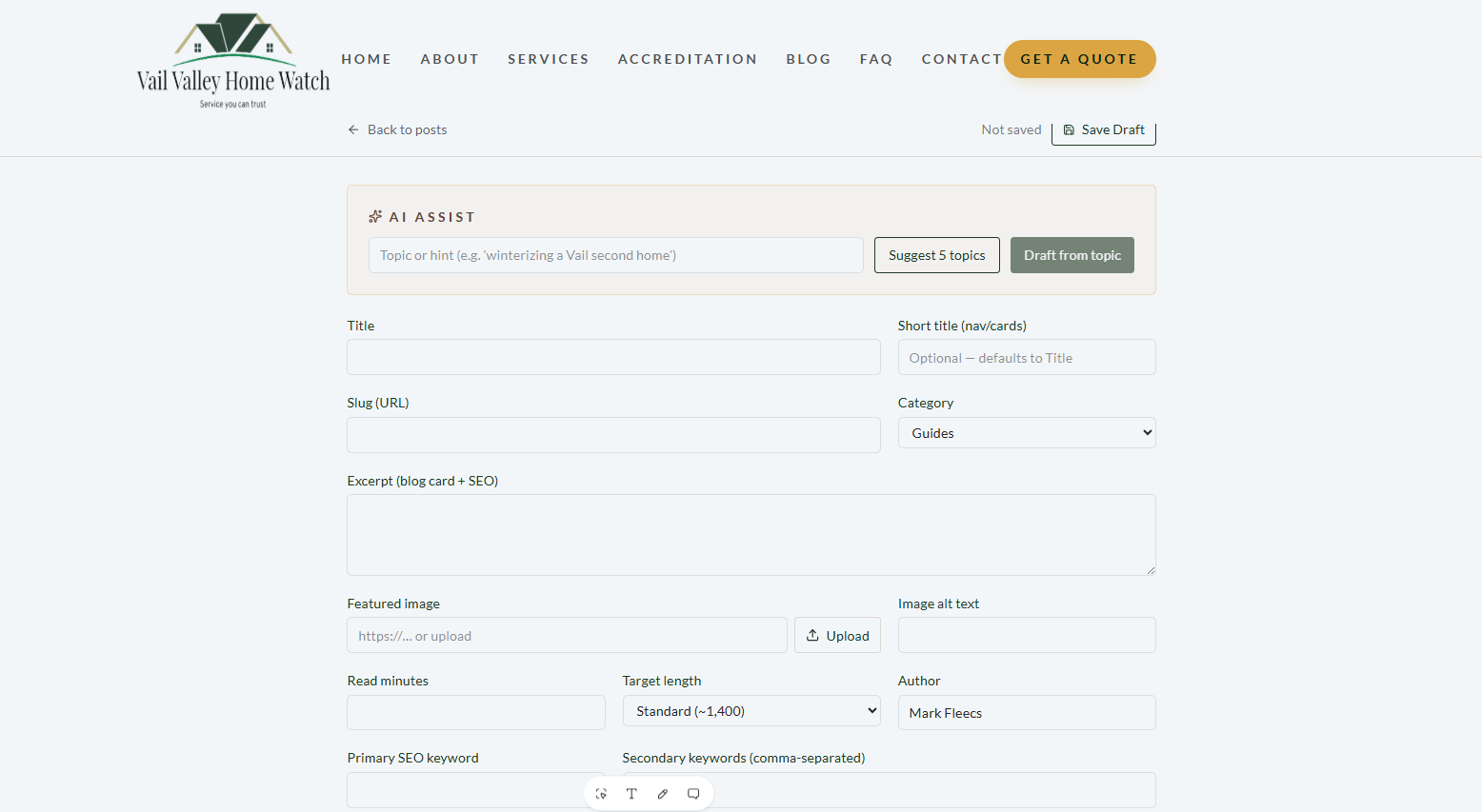 AI Assist blogpost editor with topic suggestions, title, slug, excerpt, and SEO fields for Home Watch content