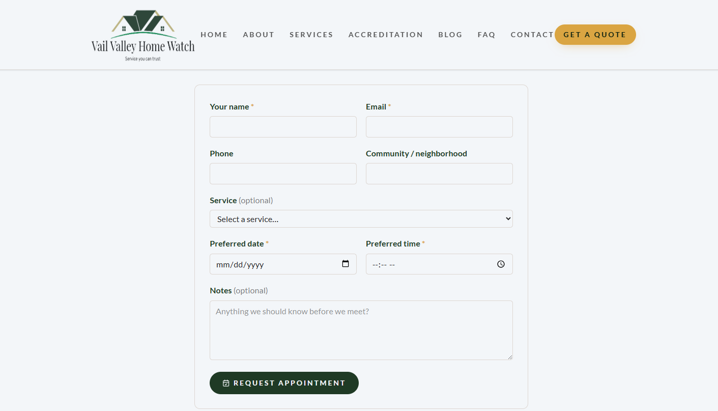 Appointment scheduling form for Home Watch services with name, email, phone, community, preferred date and time, and notes
