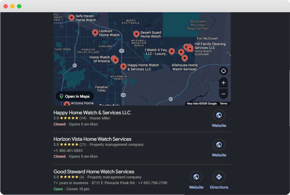 Local search results showing Home Watch businesses ranking in the Google map pack