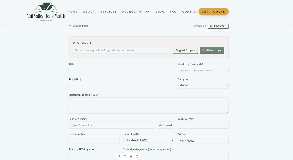 AI Assist blogpost editor with topic suggestions, title, slug, excerpt, and SEO fields for Home Watch content