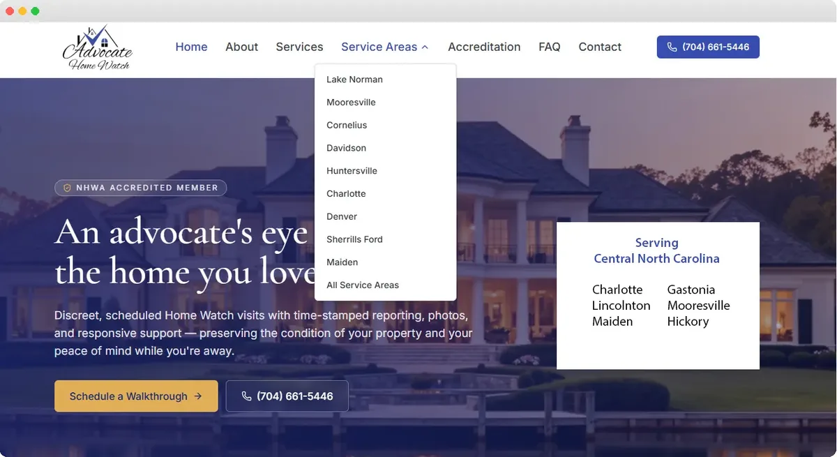 Location page with service area dropdown listing local communities