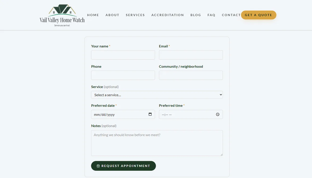 Appointment scheduling form for Home Watch services with name, email, phone, community, preferred date and time, and notes