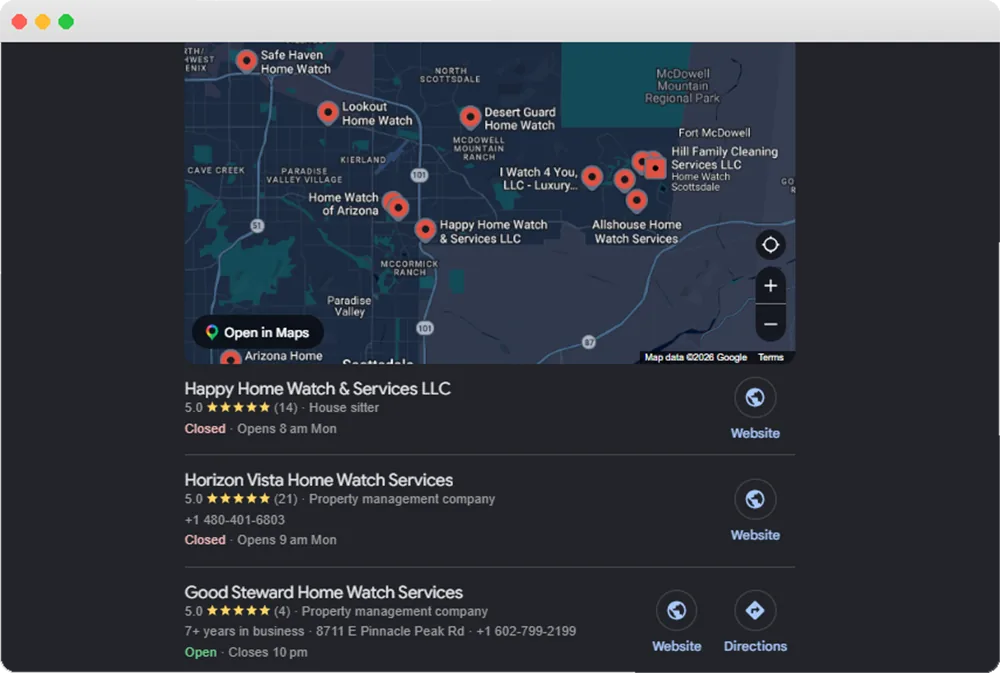 Local search results showing Home Watch businesses ranking in the Google map pack