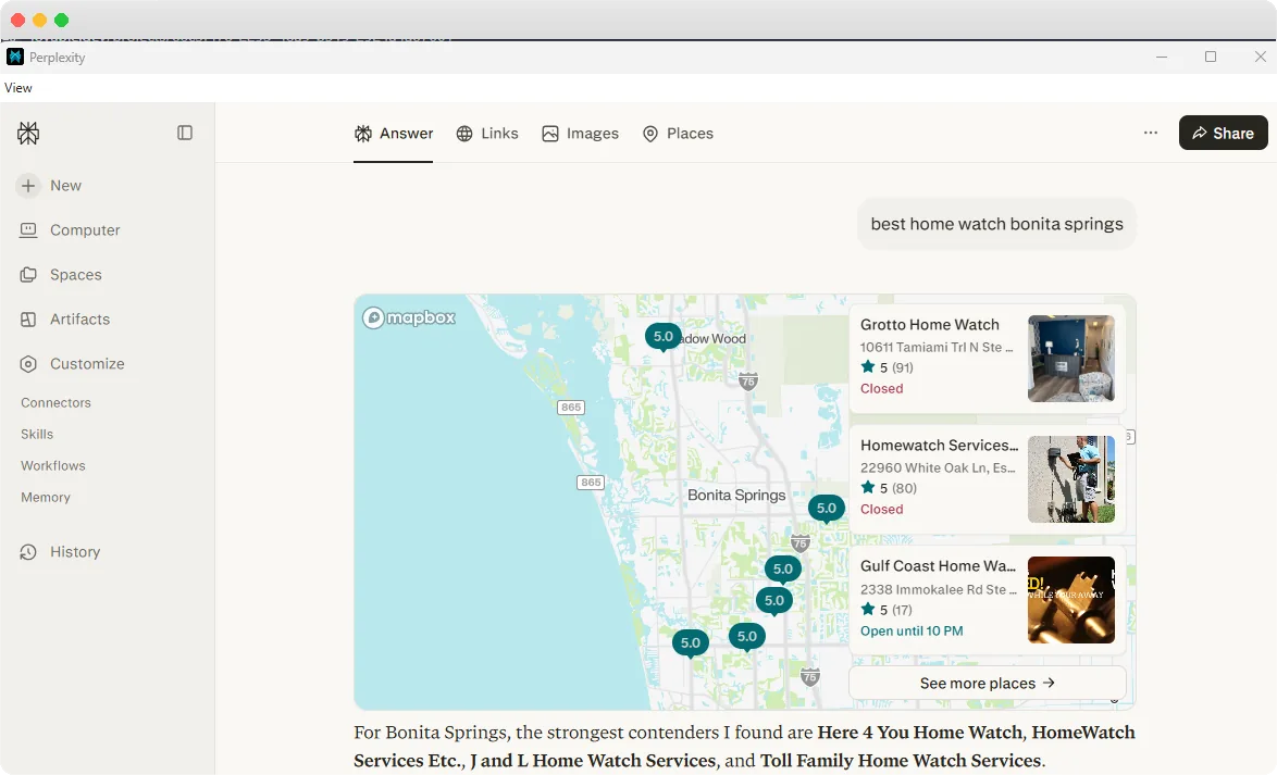 Perplexity AI answer citing top Home Watch businesses for a local search query