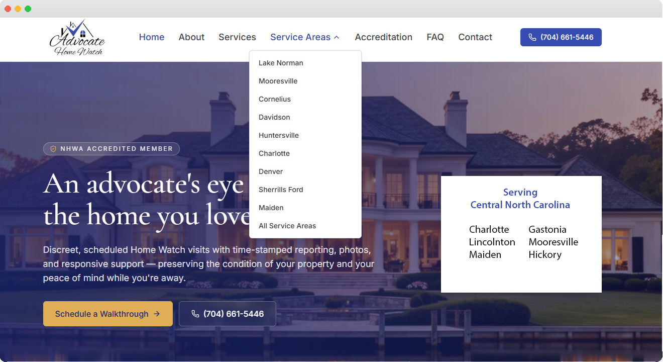 Location page with service area dropdown listing local communities