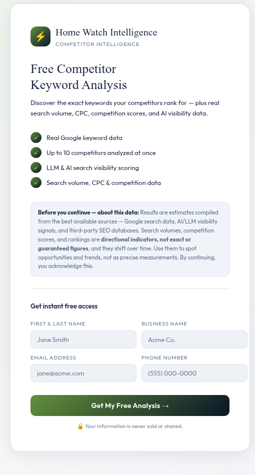Home Watch Intelligence — free competitor keyword analysis tool
